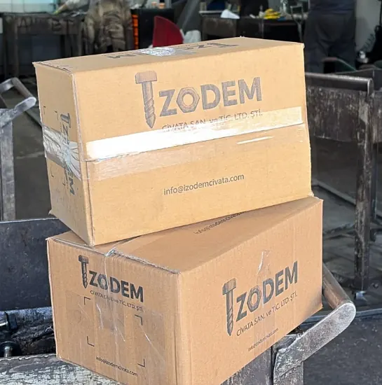 Packaging stage with IZODEM branded boxes